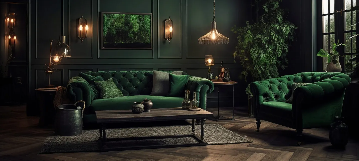 Furnished dark-green living room ready for a tenant